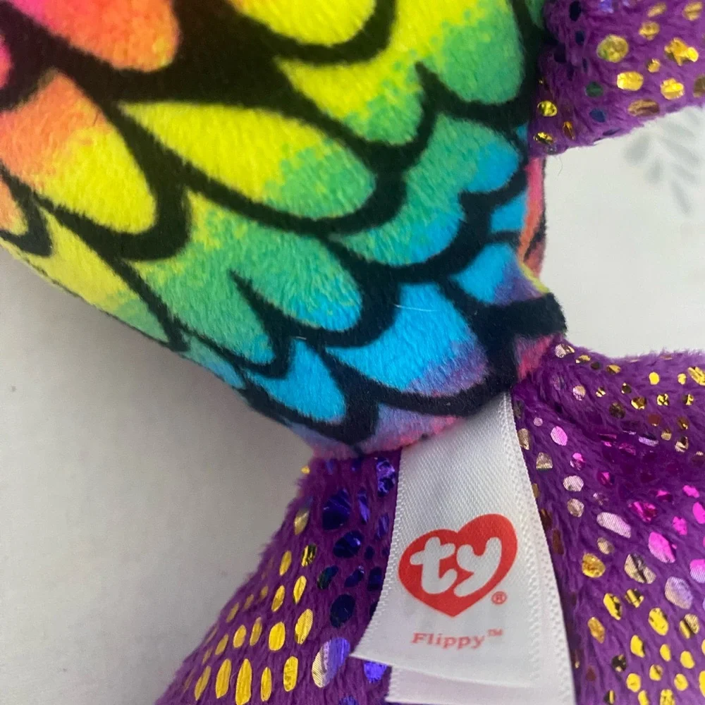 TY Beanie Boo FLIPPY Fish Plush Rainbow Purple Glitter Eyes 6